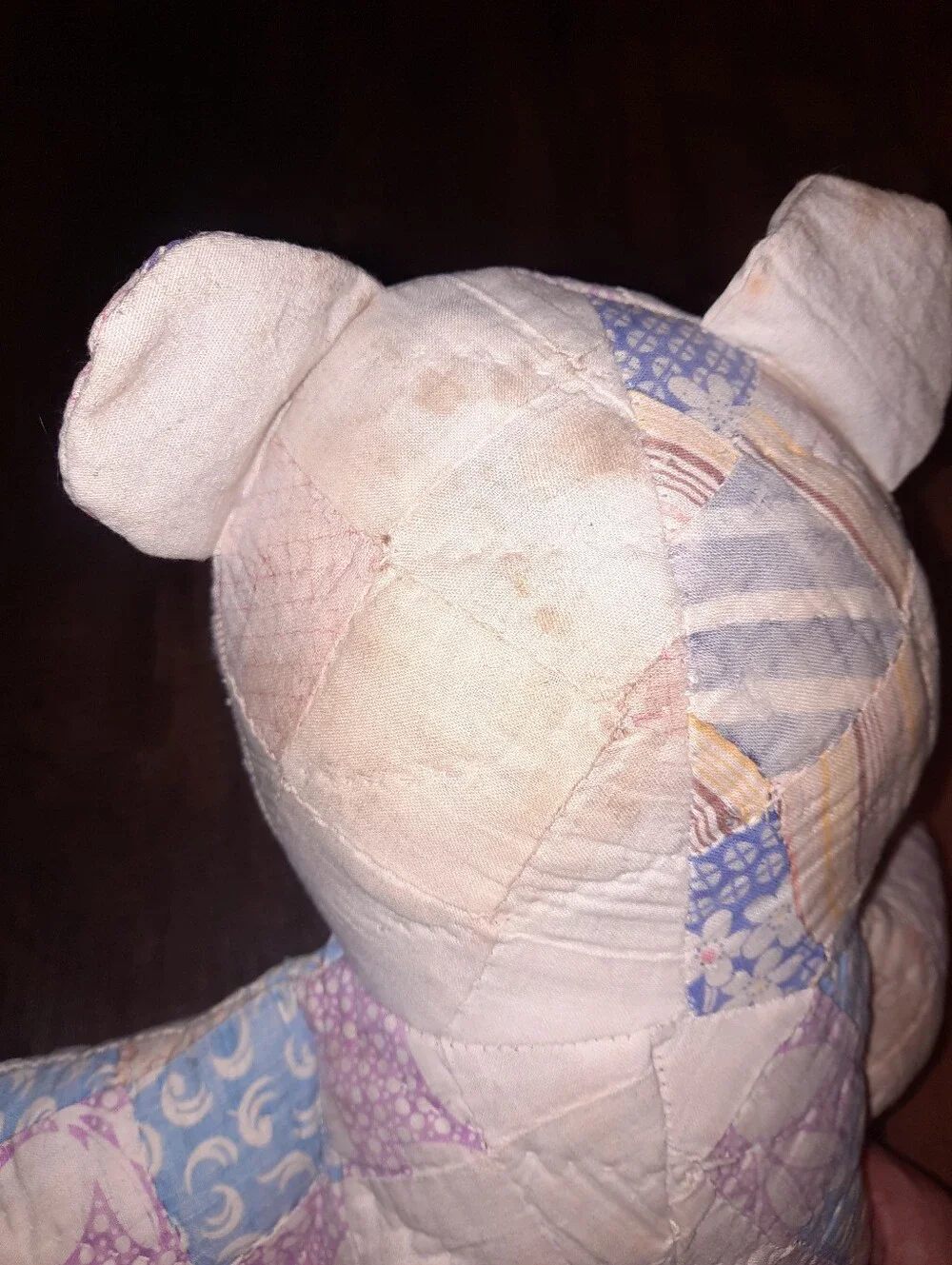 Vintage Patchwork Quilted Teddy Bear with Button Eyes - Soft Pastel Print